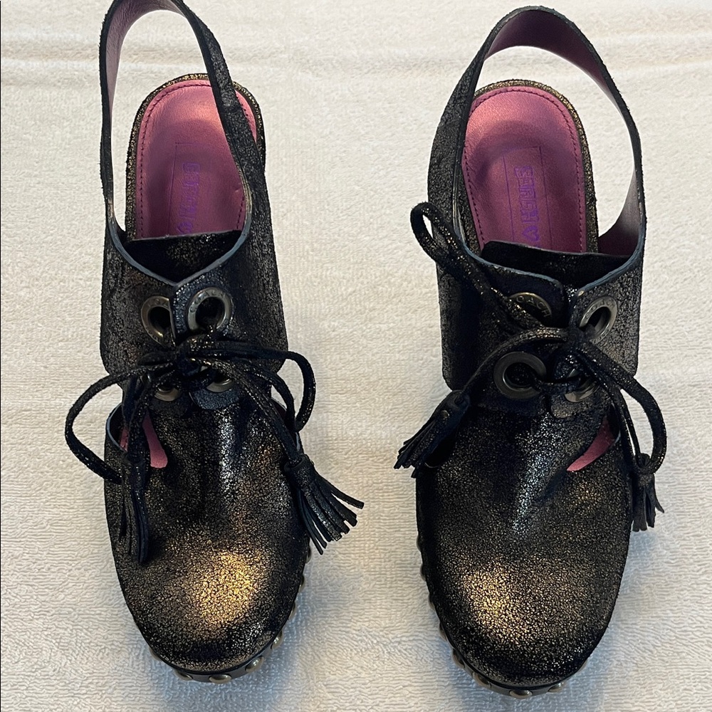 Coach Black and Gold Mules with Tassel Detail. Size 6.5